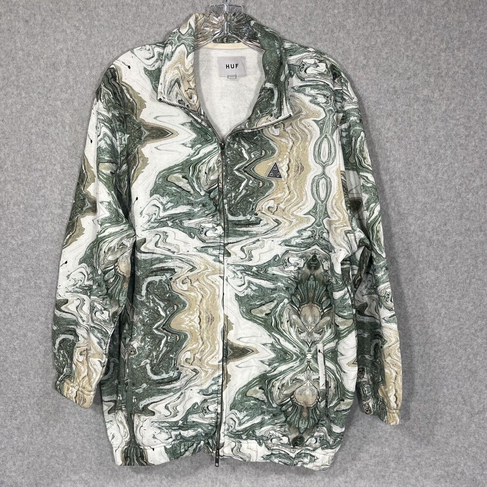 HUF Marbled Swirl Oversized Fleece Jacket Womens Small Full Front Zip Sweatshirt